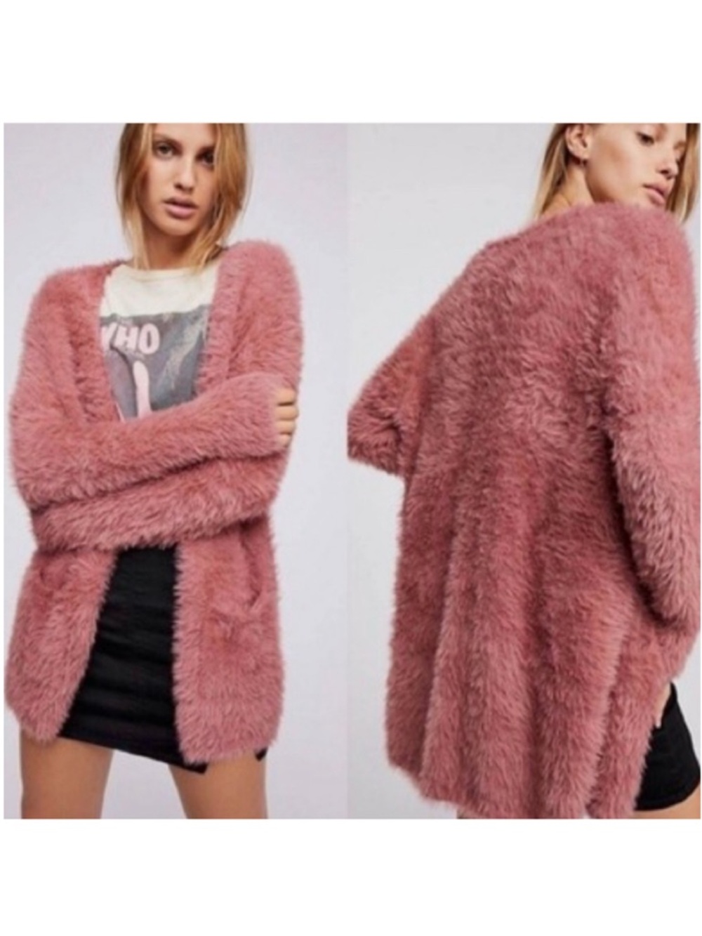Free People Open Front Cardigan Dusty Pink Faux Fur Size Medium